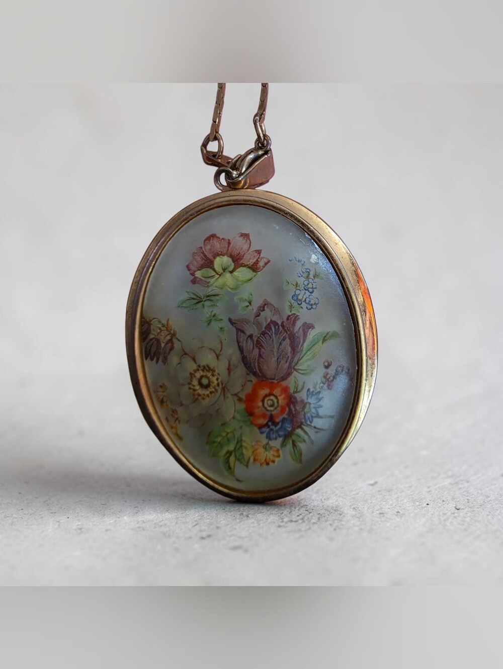 Vintage Hand-Painted Porcelain Floral Pendant Necklace, Oval Gold-Tone Framing,